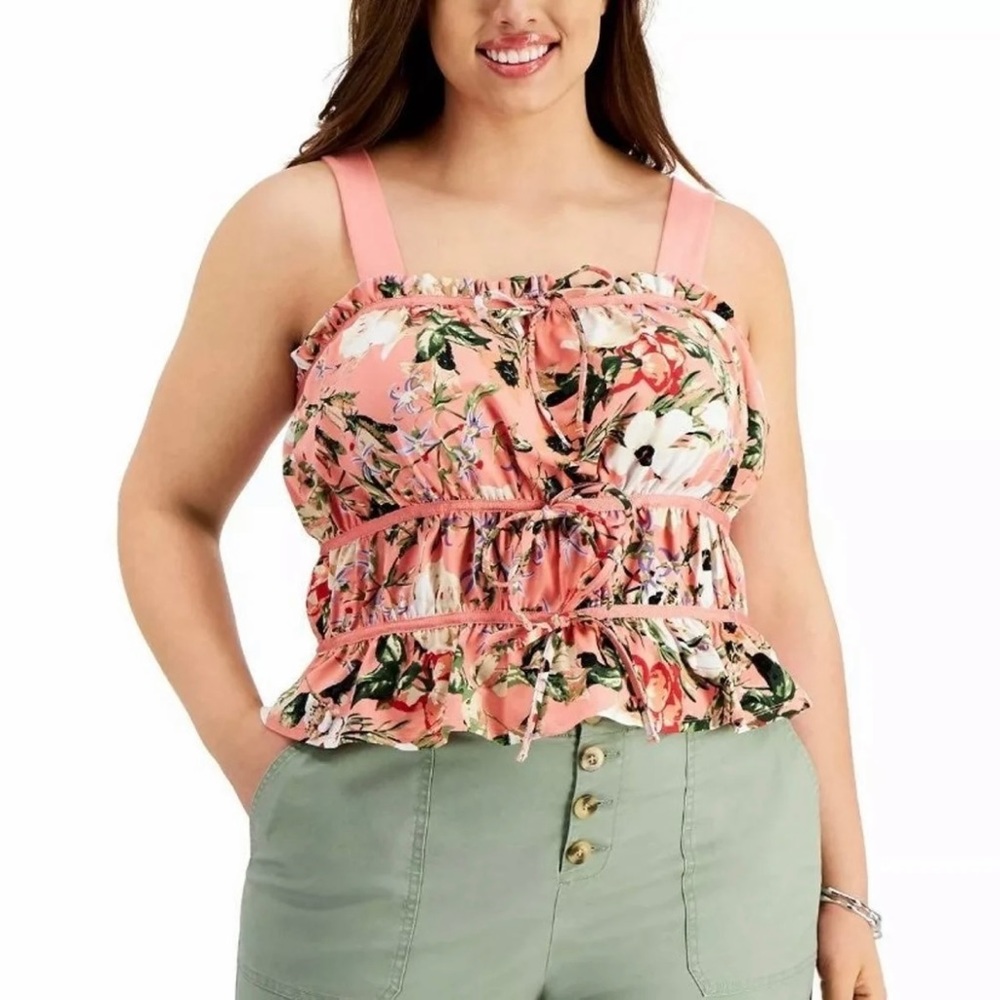 INC Coral Floral Print Ruffle Smocked Bow Crop Tank Top Blouse Smock Ruched NEW